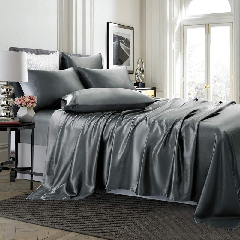 TREELY 6 Piece Satin Sheets Queen Size Silky Smooth Grey Satin Sheet Set with Deep Pocket, Satin Fitted Sheet, Flat Sheet, 4 Satin Pillowcase - Image 2